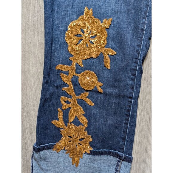 LOGO Straight Leg Denim Jeans W/ Gold Sequin Floral Embroidery Womens Plus 24W - Picture 2 of 7